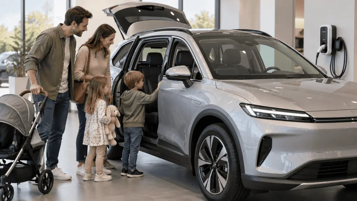 Eine Familie mit zwei Kindern schaut sich im Autohaus ein neues Elektroauto an. Bild KI-generiert
