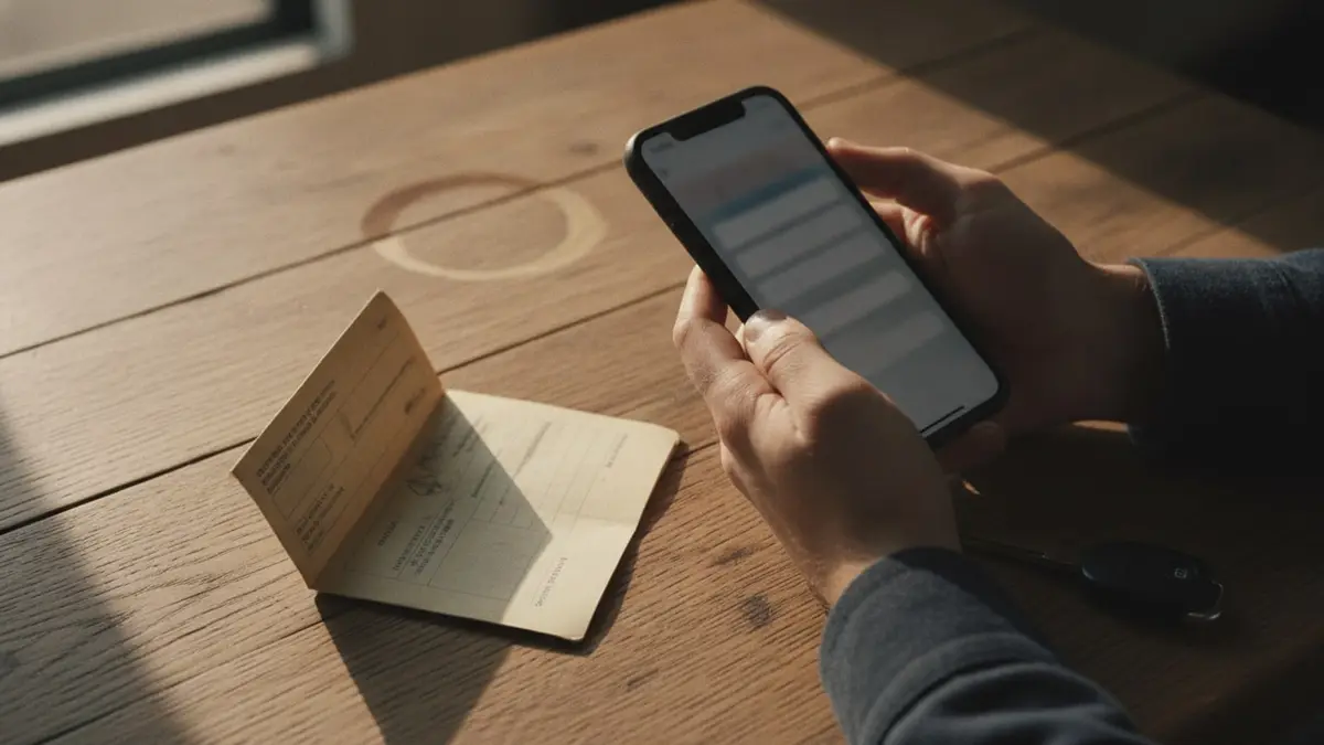 Hände halten ein Smartphone mit einem Bewertungsformular neben Fahrzeugschein und Autoschlüssel auf einem Holztisch. KI-generiert.