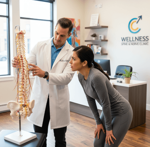 Greenville chiropractor demonstrating spinal anatomy and nervous system connections to patient during chiropractic consultation