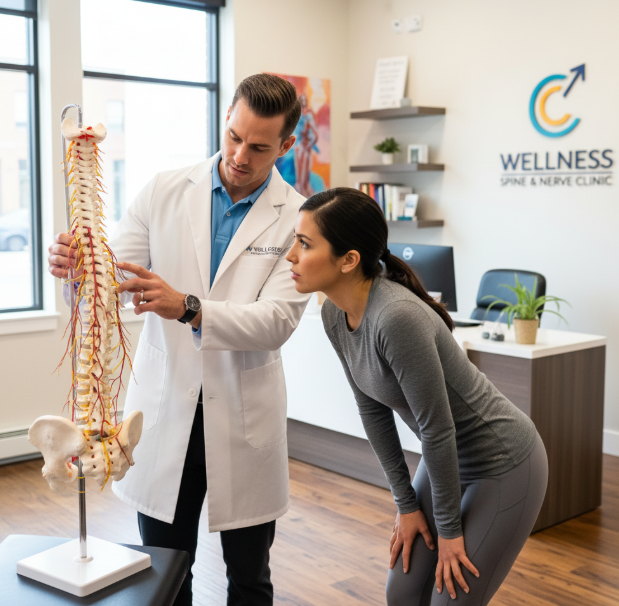 Greenville chiropractor demonstrating spinal anatomy and nervous system connections to patient during chiropractic consultation