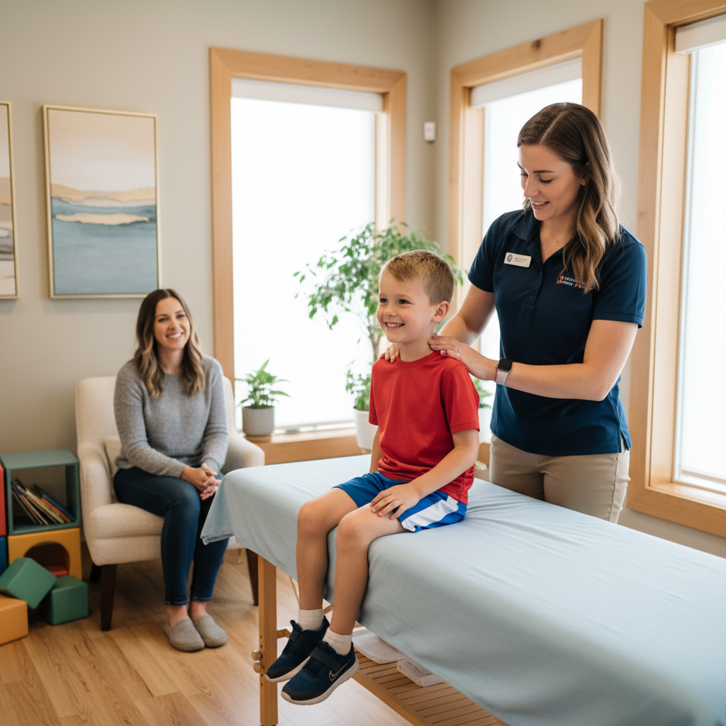 Pediatric chiropractic care in Mauldin with child receiving gentle examination while parent observes in welcoming clinic