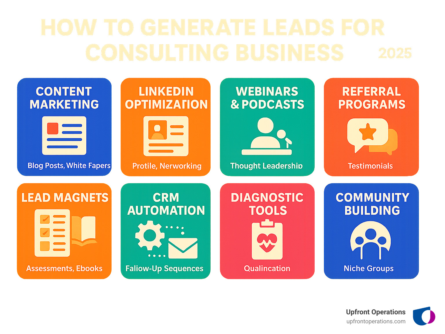 Infographic showing the 8 key lead generation strategies for consultants including content marketing with blog posts and whitepapers, LinkedIn optimization with profile setup and networking, webinars and podcasts for thought leadership, referral programs with testimonials, lead magnets like assessments and ebooks, CRM automation for follow-up sequences, diagnostic tools for qualification, and community building through niche groups - how to generate leads for consulting business infographic 