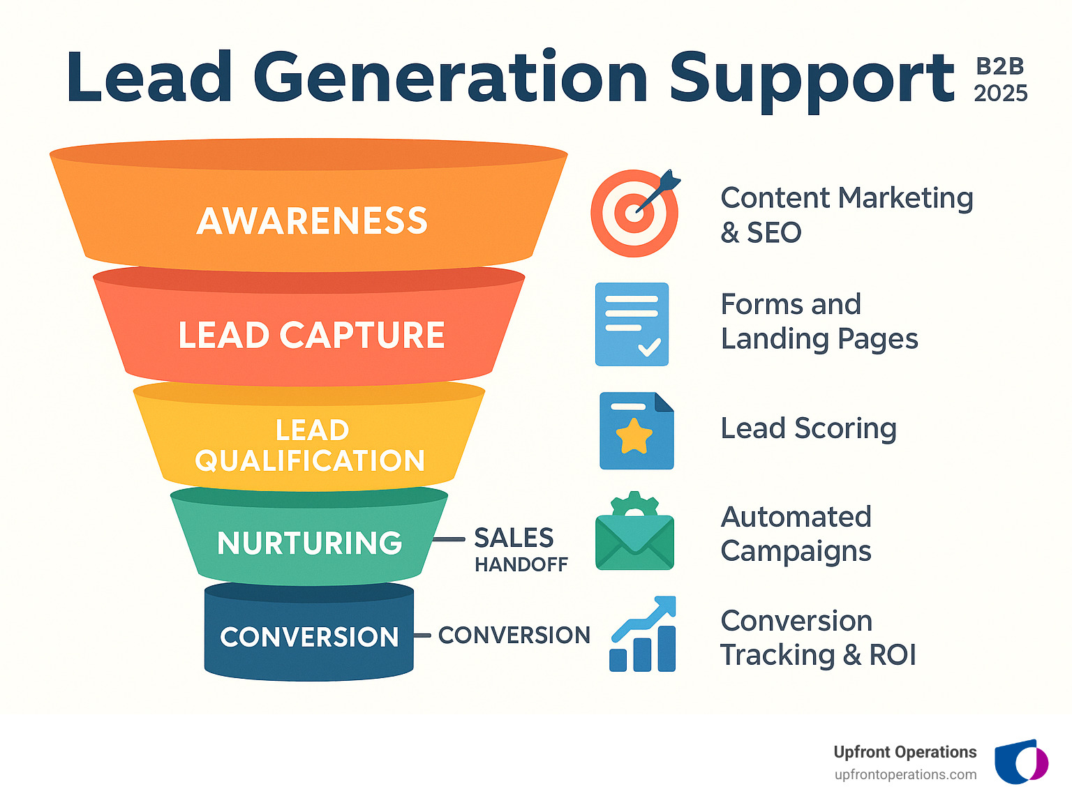 Comprehensive infographic showing the B2B lead generation support funnel from initial awareness through content marketing and SEO, to lead capture via forms and landing pages, lead qualification and scoring, automated nurturing campaigns, sales handoff, and final conversion tracking with ROI metrics - Lead generation support infographic 