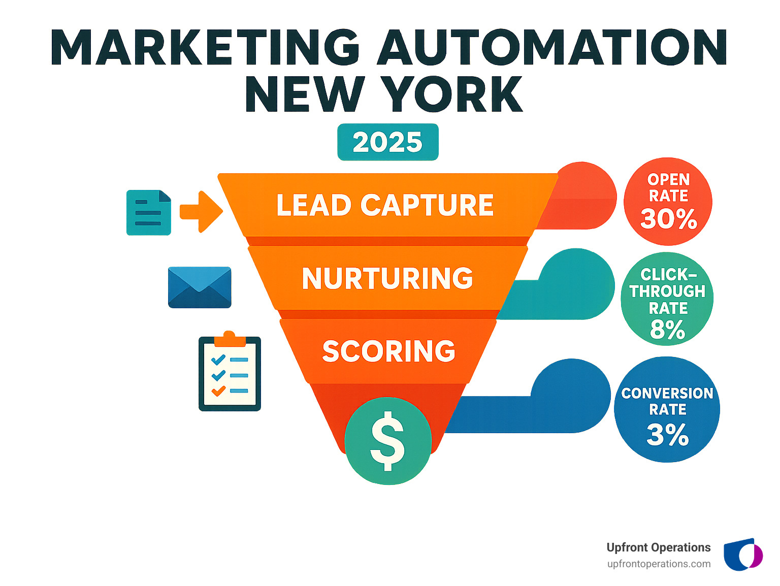 Infographic showing the marketing automation funnel from lead capture through nurturing, scoring, and conversion, with specific metrics for each stage including open rates, click-through rates, and final conversion percentages - Marketing automation New York infographic 
