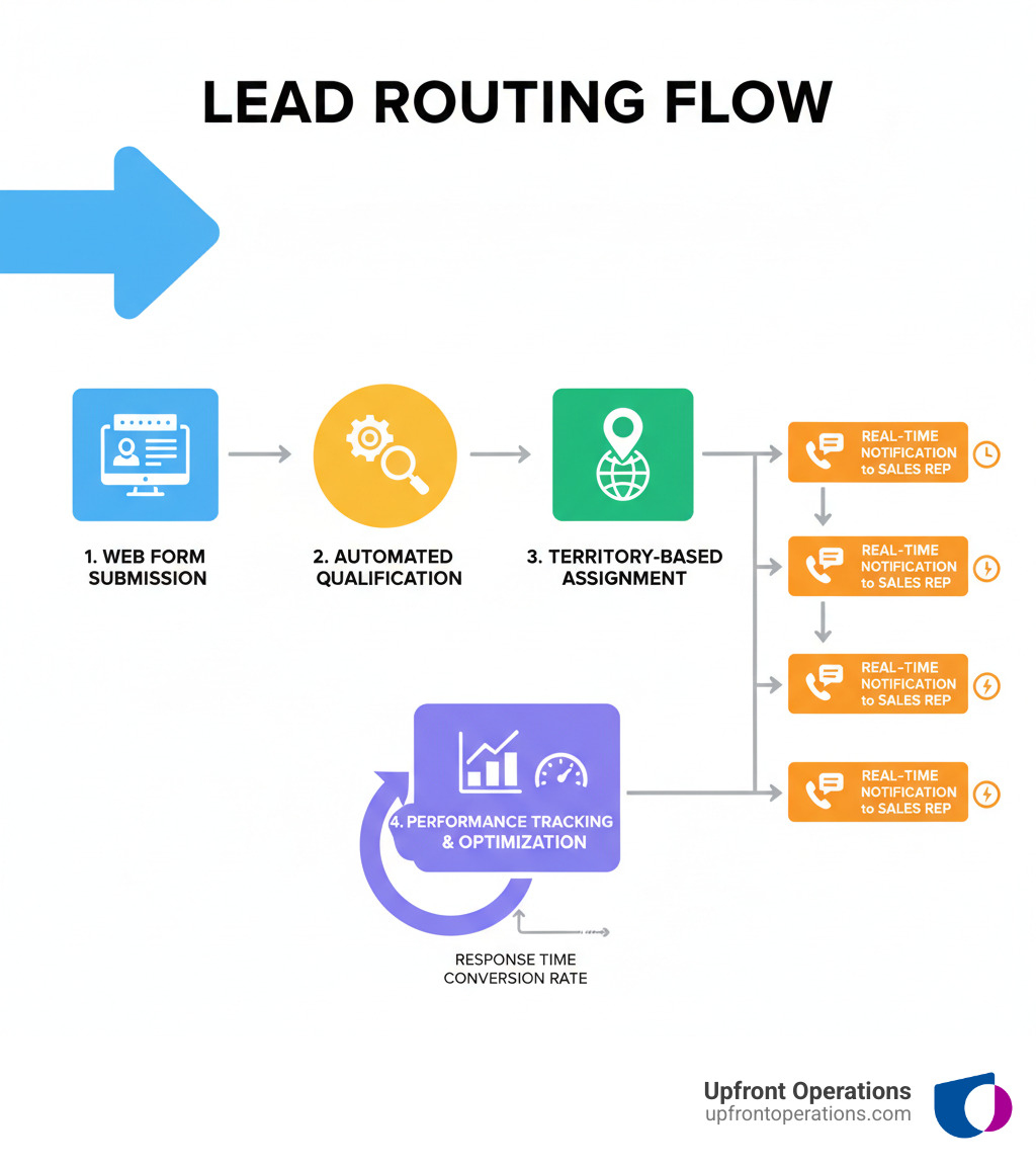 Infographic showing the complete lead routing flow from initial web form submission through automated qualification, territory-based assignment rules, real-time notifications to sales reps, and performance tracking metrics - How to route leads infographic  Infographic showing the complete lead routing flow from initial web form submission through automated qualification, territory-based assignment rules, real-time notifications to sales reps, and performance tracking metrics - How to route leads infographic