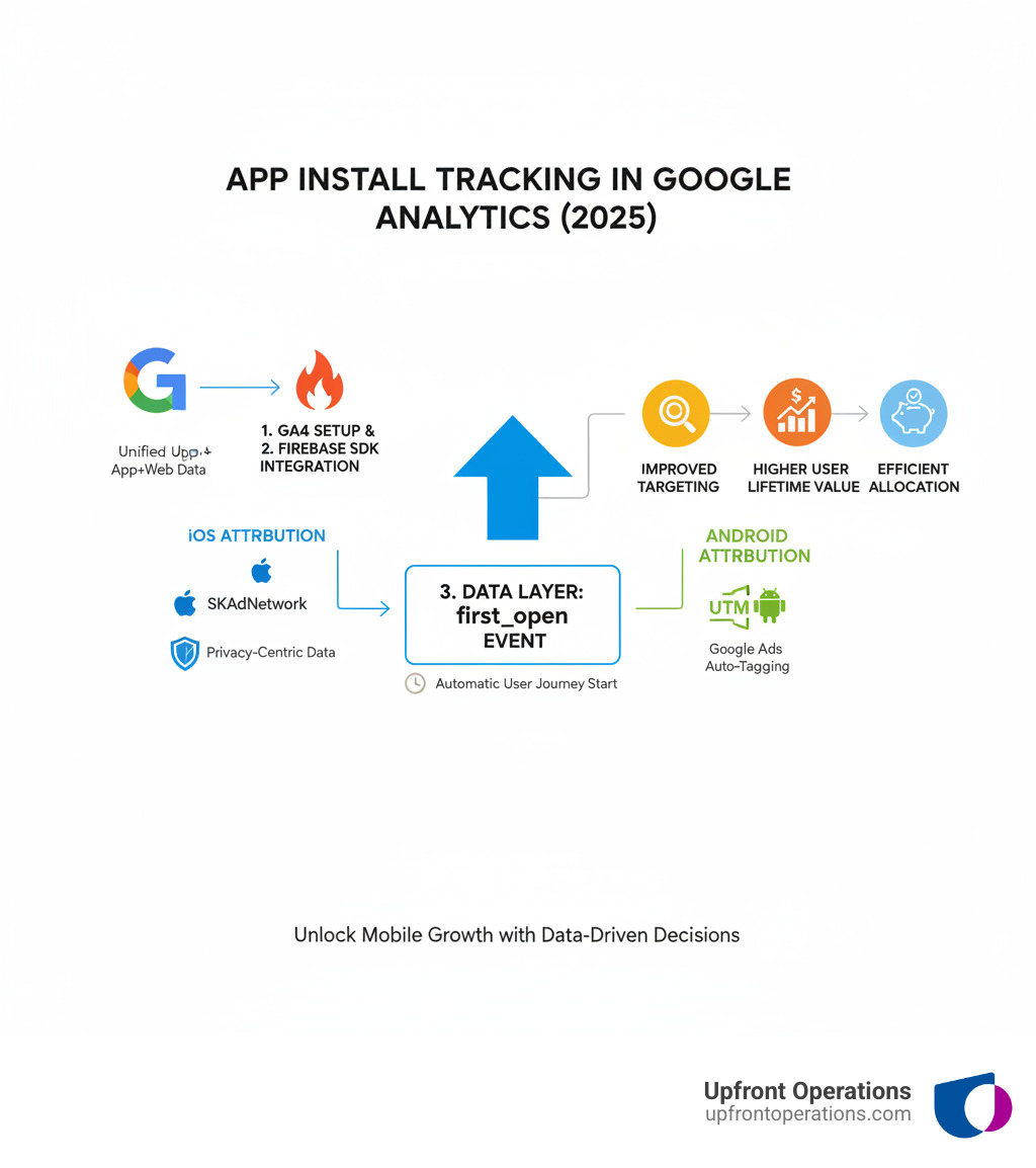 Comprehensive infographic showing the complete app install tracking process in Google Analytics, including GA4 setup, Firebase SDK integration, attribution methods for iOS and Android, UTM parameter usage, and key metrics like first_open events, with visual representations of improved campaign targeting, higher user lifetime value, and efficient budget allocation benefits - how to track app installs in google analytics infographic 
