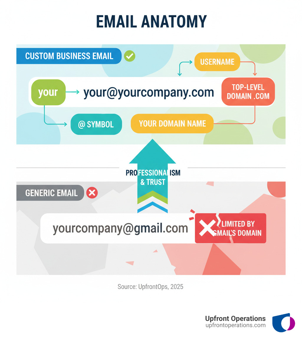 Infographic showing the anatomy of a custom business email address with your@yourcompany.com broken down into username, @ symbol, your domain name, and top-level domain (.com), compared to a generic email address showing yourcompany@gmail.com with Gmail's domain highlighted as the limitation - Custom business email infographic 