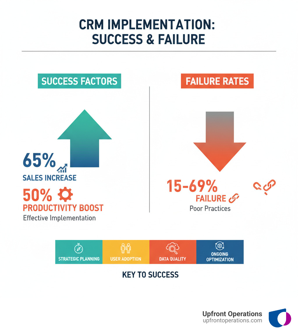 Infographic showing CRM implementation success factors: 65% sales increase and 50% productivity boost from effective implementation, contrasted with 15-69% failure rate from poor practices, highlighting the importance of strategic planning, user adoption, data quality, and ongoing optimization - CRM best practices guide infographic Infographic showing CRM implementation success factors: 65% sales increase and 50% productivity boost from effective implementation, contrasted with 15-69% failure rate from poor practices, highlighting the importance of strategic planning, user adoption, data quality, and ongoing optimization - CRM best practices guide infographic