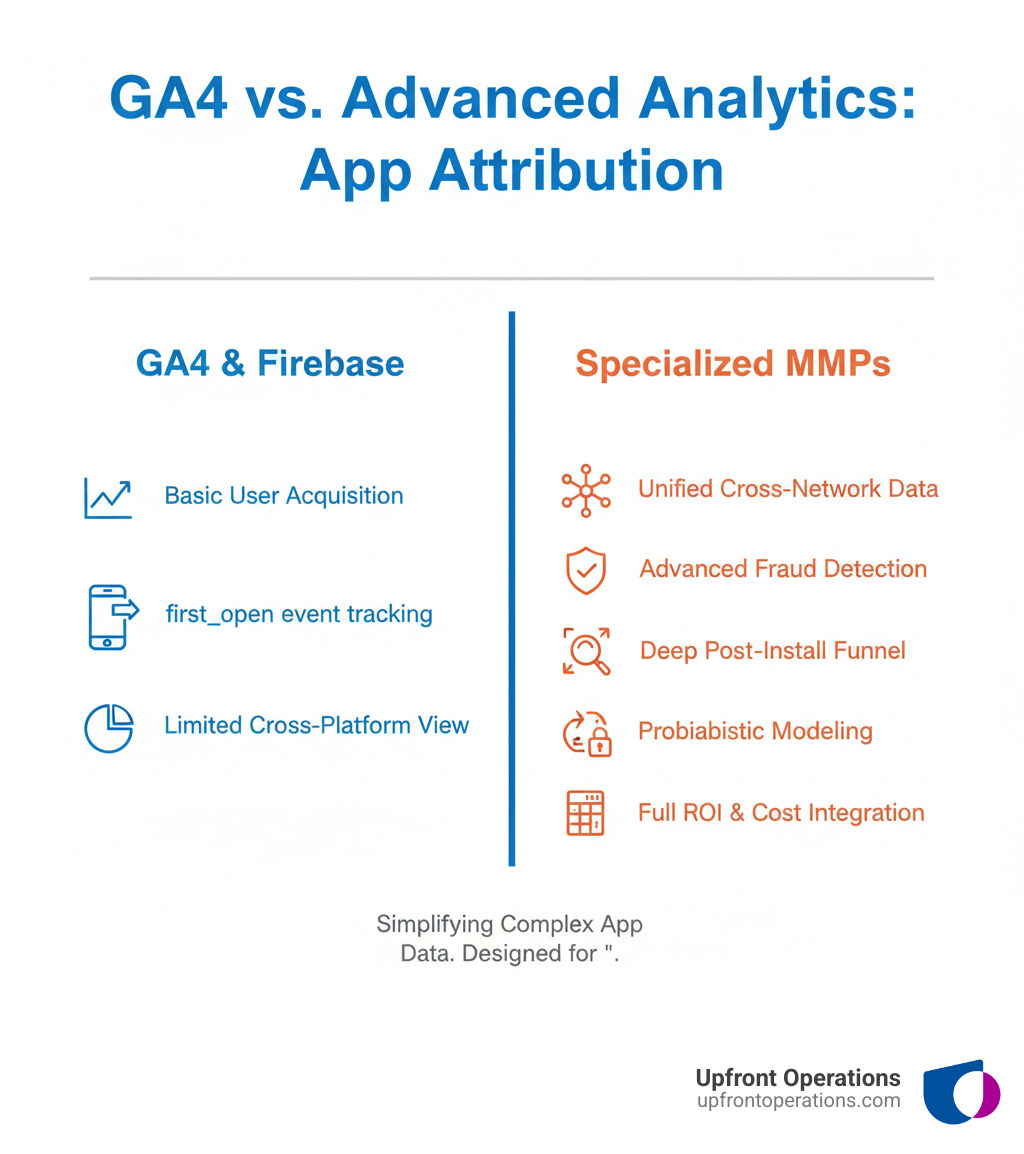 Table comparing GA4 features with advanced analytics needs - how to track app install source in google analytics infographic 