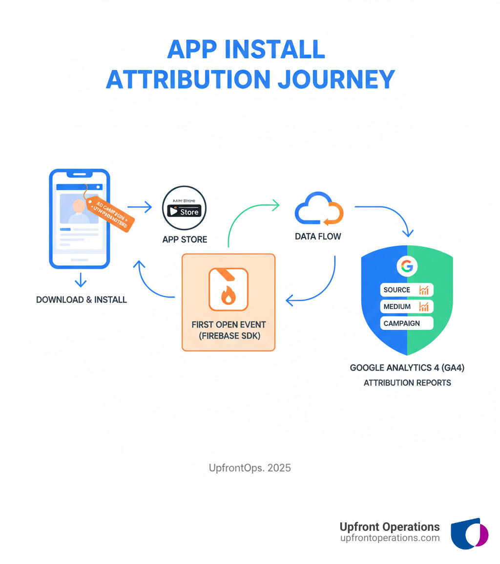 Detailed infographic showing the complete app install attribution journey: user sees ad campaign with UTM parameters, clicks through to app store, downloads and installs app, opens app for first time triggering first_open event in Firebase, data flows to GA4 reports showing source, medium and campaign attribution - how to track app install source in google analytics infographic 