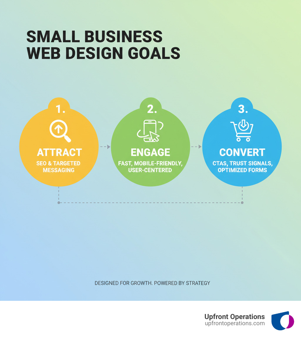 Infographic showing the three core goals of small business web design: Attract qualified traffic through SEO and targeted messaging, Engage visitors with fast, mobile-friendly, user-centered design, and Convert leads with strategic CTAs, trust signals, and optimized forms - Small business web design infographic 