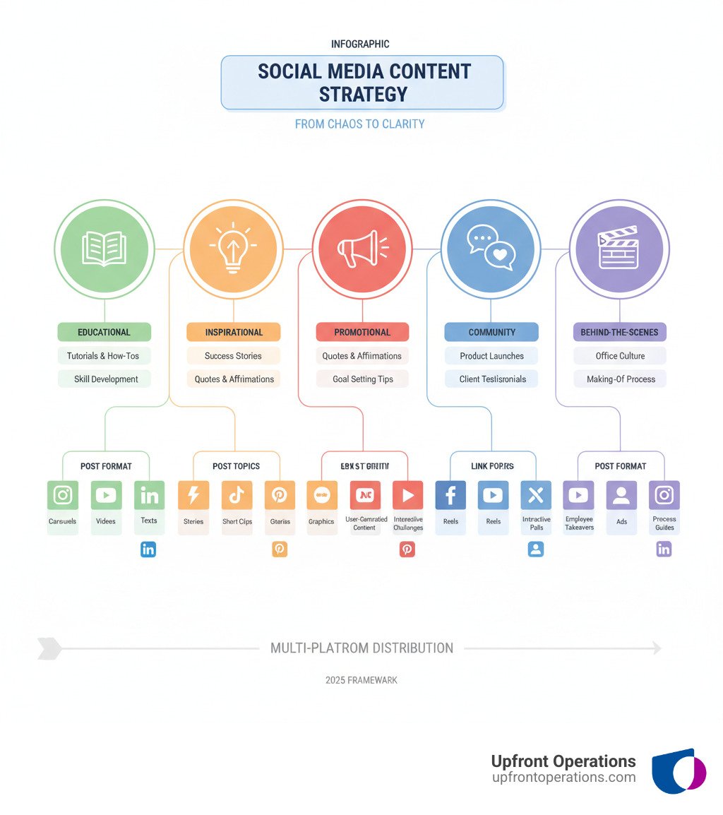 Infographic showing how 3-5 core content pillars branch into multiple content ideas: each pillar (Educational, Inspirational, Promotional, Community, Behind-the-Scenes) expands into sub-topics, then into specific post formats like carousels, videos, stories, and text posts across platforms - social media content pillars infographic  Infographic showing how 3-5 core content pillars branch into multiple content ideas: each pillar (Educational, Inspirational, Promotional, Community, Behind-the-Scenes) expands into sub-topics, then into specific post formats like carousels, videos, stories, and text posts across platforms - social media content pillars infographic