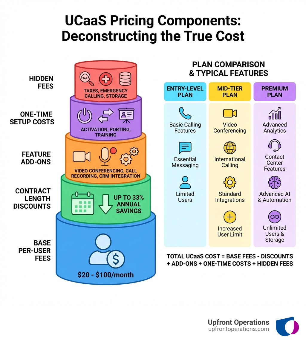 Infographic showing UCaaS pricing components: Base per-user fees ($20-100/month), contract length discounts (up to 33% annual savings), feature add-ons (video conferencing, call recording, CRM integration), one-time setup costs (activation, porting, training), and hidden fees (taxes, emergency calling, storage). Includes comparison of entry-level, mid-tier, and premium plans with typical features at each level). - UCaaS pricing New York infographic 