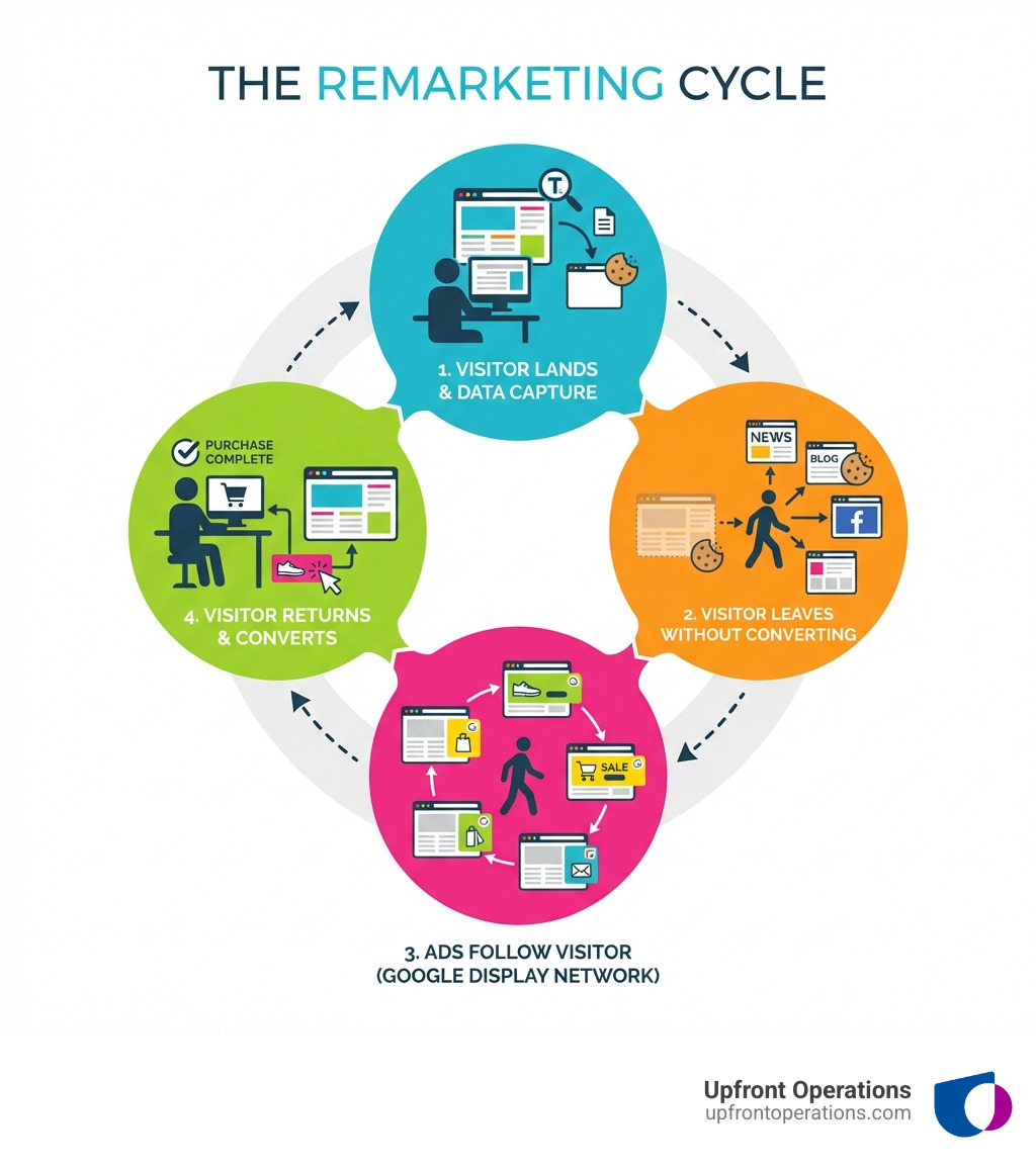 Infographic showing the remarketing cycle: 1. Visitor lands on website and remarketing tag captures their data via cookie, 2. Visitor leaves without converting and browses other websites, 3. Remarketing ads follow the visitor across Google Display Network showing relevant products or messages, 4. Visitor clicks ad and returns to complete their purchase or conversion action - adwords remarketing services infographic 