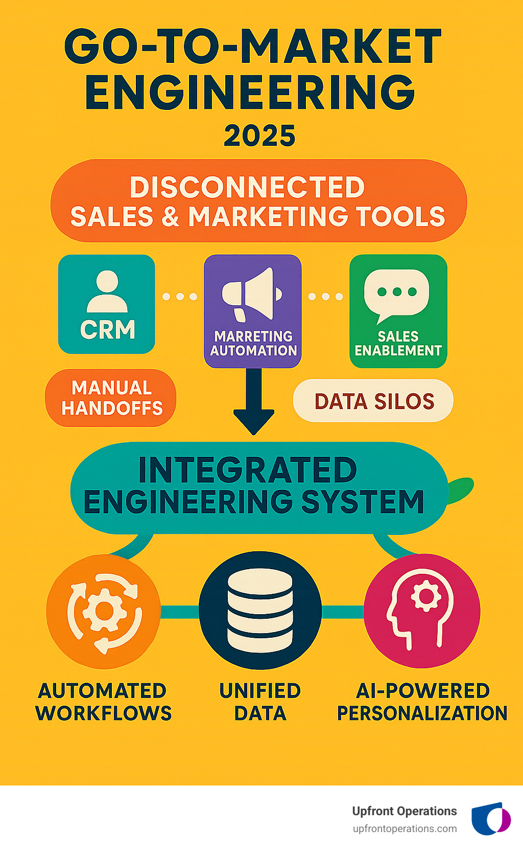 Infographic showing the change from disconnected sales and marketing tools with manual handoffs and data silos to an integrated GTM engineering system with automated workflows, unified data, and AI-powered personalization connecting CRM, marketing automation, and sales enablement platforms - Go-To-Market Engineering infographic 