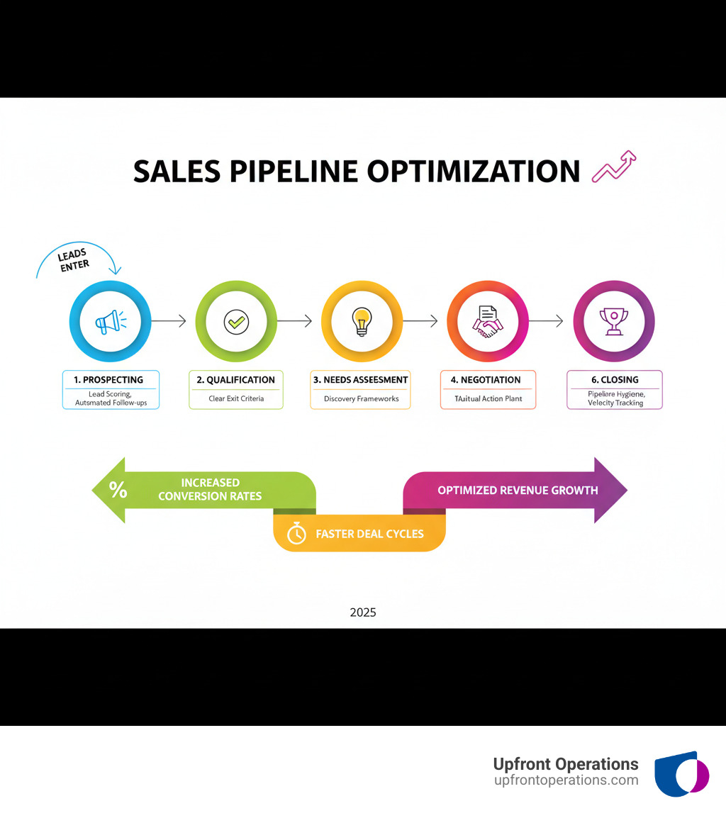 infographic showing the sales pipeline optimization process: starting with leads entering the pipeline at prospecting stage, moving through qualification, needs assessment, proposal, negotiation, and closing stages, with optimization tactics at each stage including lead scoring, automated follow-ups, clear exit criteria, pipeline hygiene, and velocity tracking, resulting in increased conversion rates and faster deal cycles - Sales pipeline optimization infographic infographic showing the sales pipeline optimization process: starting with leads entering the pipeline at prospecting stage, moving through qualification, needs assessment, proposal, negotiation, and closing stages, with optimization tactics at each stage including lead scoring, automated follow-ups, clear exit criteria, pipeline hygiene, and velocity tracking, resulting in increased conversion rates and faster deal cycles - Sales pipeline optimization infographic