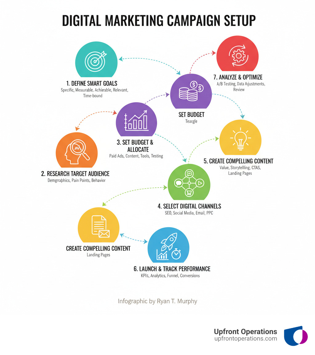 Infographic showing the 7 key stages of setting up a digital marketing campaign: 1. Define SMART Goals (specific, measurable, achievable, relevant, time-bound), 2. Research Target Audience (demographics, pain points, behavior), 3. Set Budget & Allocate Resources (paid ads, content, tools, testing), 4. Select Digital Channels (SEO, social media, email, PPC based on audience), 5. Create Compelling Content (value proposition, storytelling, clear CTAs, optimized landing pages), 6. Launch & Track Performance (KPIs, analytics, funnel analysis, conversion tracking), 7. Analyze & Optimize (A/B testing, data-driven adjustments, post-campaign review) - how to set up a digital marketing campaign infographic 