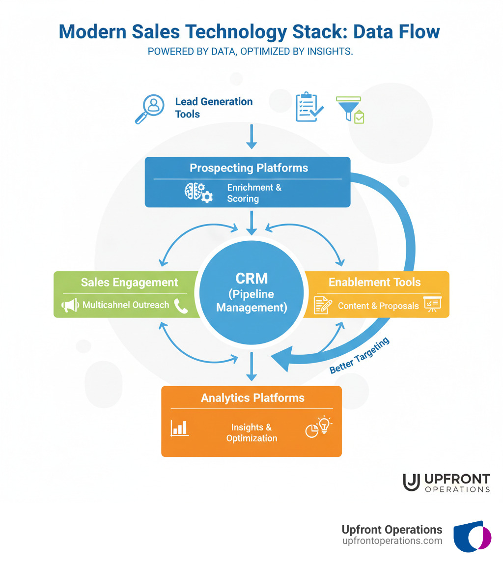 Infographic showing the flow of data through a modern sales technology stack, starting with lead generation tools identifying prospects, flowing through prospecting platforms for enrichment and scoring, moving to sales engagement tools for multichannel outreach, tracked in a central CRM for pipeline management, supported by enablement tools for content and proposals, and culminating in analytics platforms that provide insights to optimize the entire process and feed back into better targeting - sales technology stack infographic 