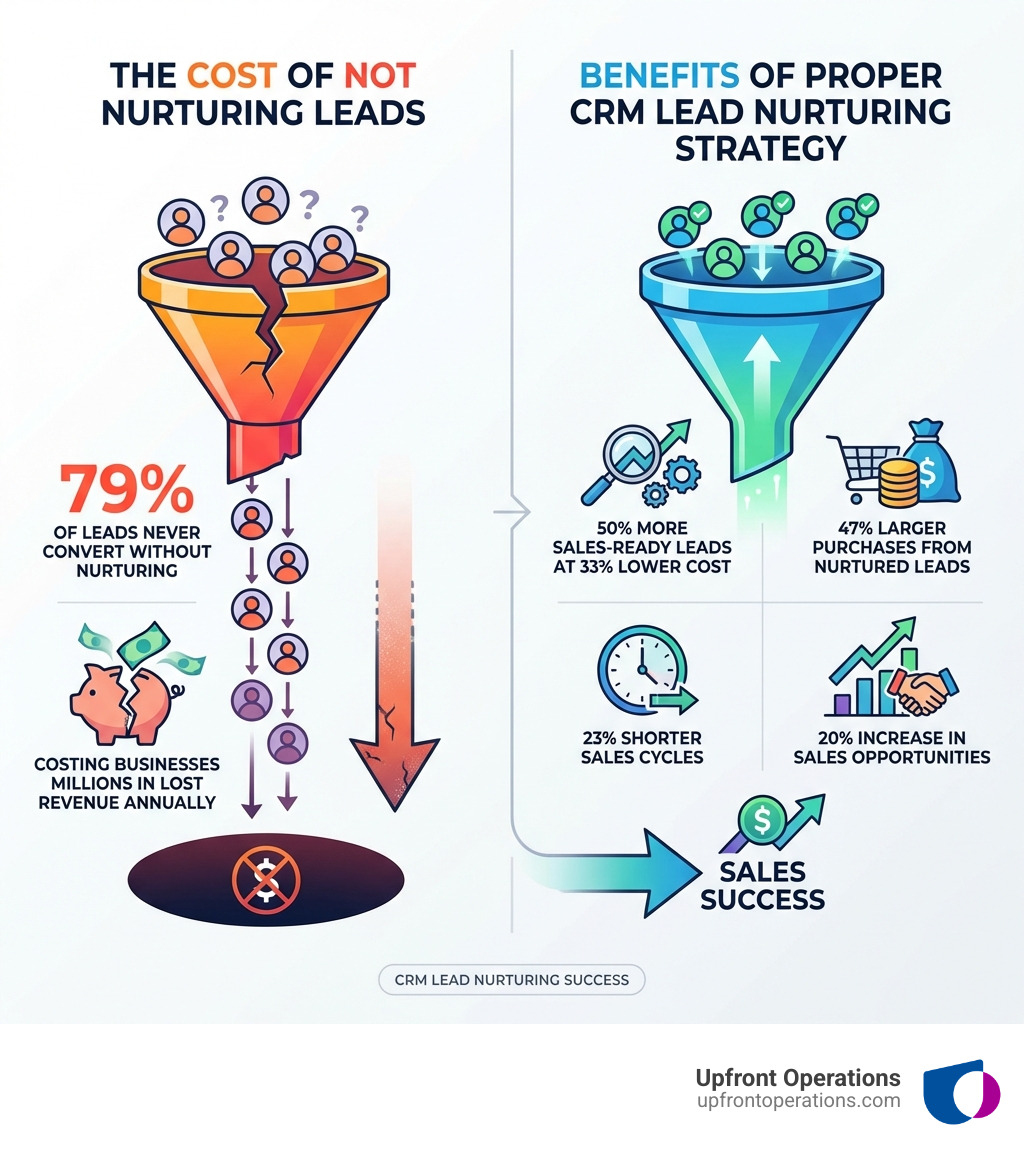 Infographic showing the cost of not nurturing leads: 79% of leads never convert without nurturing, costing businesses millions in lost revenue annually. On the right side, benefits of proper CRM lead nurturing strategy: 50% more sales-ready leads at 33% lower cost, 47% larger purchases from nurtured leads, 23% shorter sales cycles, and 20% increase in sales opportunities. - CRM lead nurturing infographic 