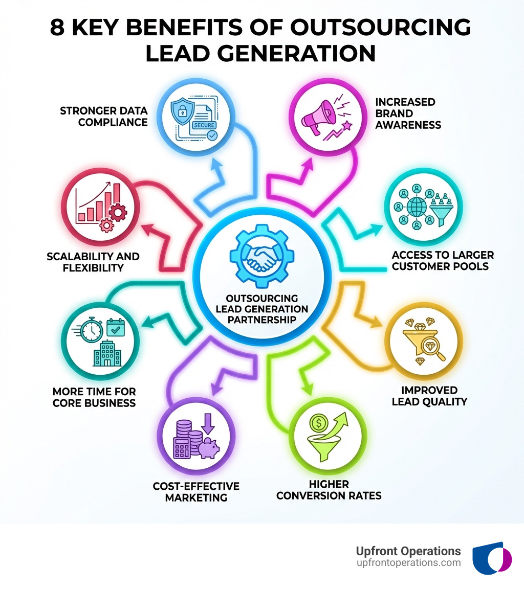 Infographic showing 8 key benefits of outsourcing lead generation: increased brand awareness, access to larger customer pools, improved lead quality, higher conversion rates, cost-effective marketing, more time for core business, scalability and flexibility, and stronger data compliance - lead generation company infographic 