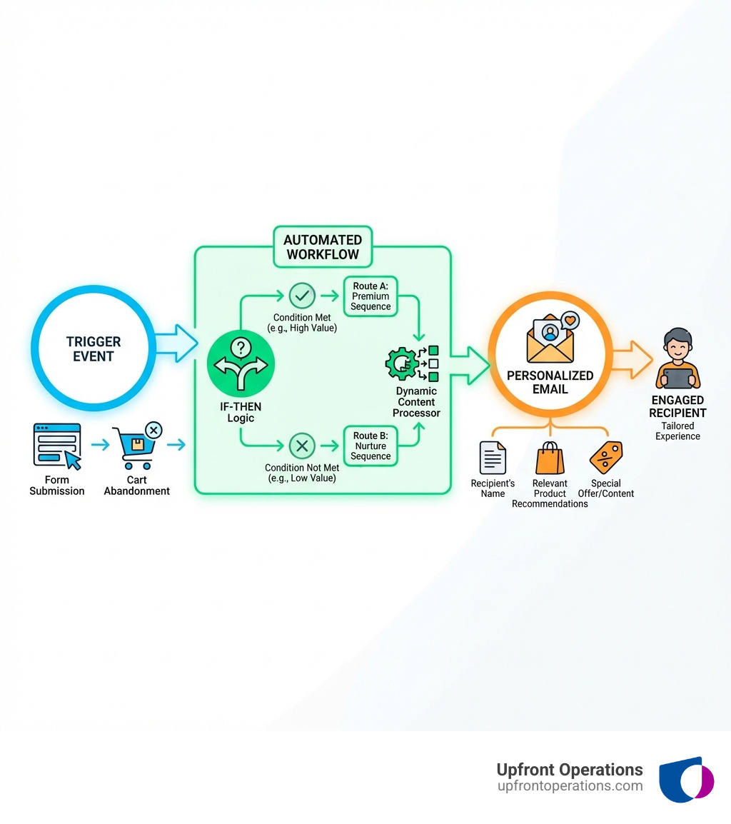 Infographic showing the basic flow of email automation: a trigger event (like form submission or cart abandonment) leads to an automated workflow with if-then logic, which sends a personalized email with dynamic content tailored to the recipient's behavior and preferences - Email marketing automation infographic 