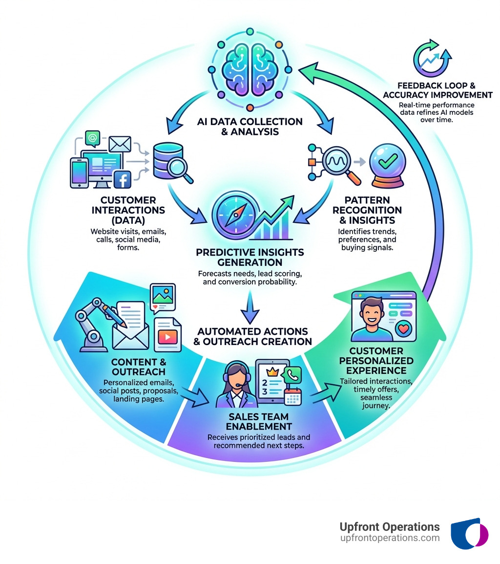Infographic showing the flow of AI in sales and marketing: data collection from customer interactions, AI analysis and pattern recognition, predictive insights generation, automated content and outreach creation, sales team receives prioritized leads and recommended actions, customer receives personalized experience, feedback loop improves AI accuracy over time - artificial intelligence sales and marketing infographic Infographic showing the flow of AI in sales and marketing: data collection from customer interactions, AI analysis and pattern recognition, predictive insights generation, automated content and outreach creation, sales team receives prioritized leads and recommended actions, customer receives personalized experience, feedback loop improves AI accuracy over time - artificial intelligence sales and marketing infographic