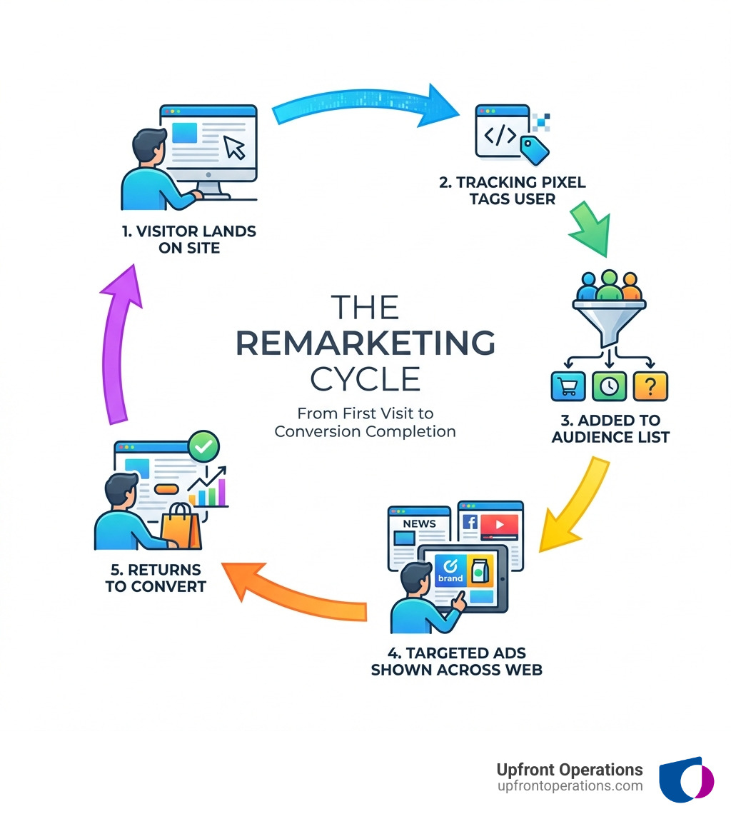 Infographic showing the remarketing cycle: a user visits your website and is tagged, added to an audience list, shown targeted ads across the web, and returns to convert—illustrated with icons for website visit, tracking pixel, audience segmentation, display ads, and conversion completion - remarketing campaign setup infographic 