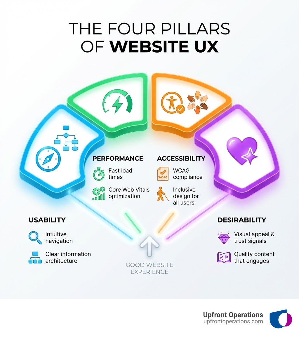 infographic showing the four pillars of website user experience: Usability (intuitive navigation and clear information architecture), Performance (fast load times and Core Web Vitals optimization), Accessibility (WCAG compliance and inclusive design for all users), and Desirability (visual appeal, trust signals, and quality content that engages visitors) - achieving a good user experience with a website infographic 