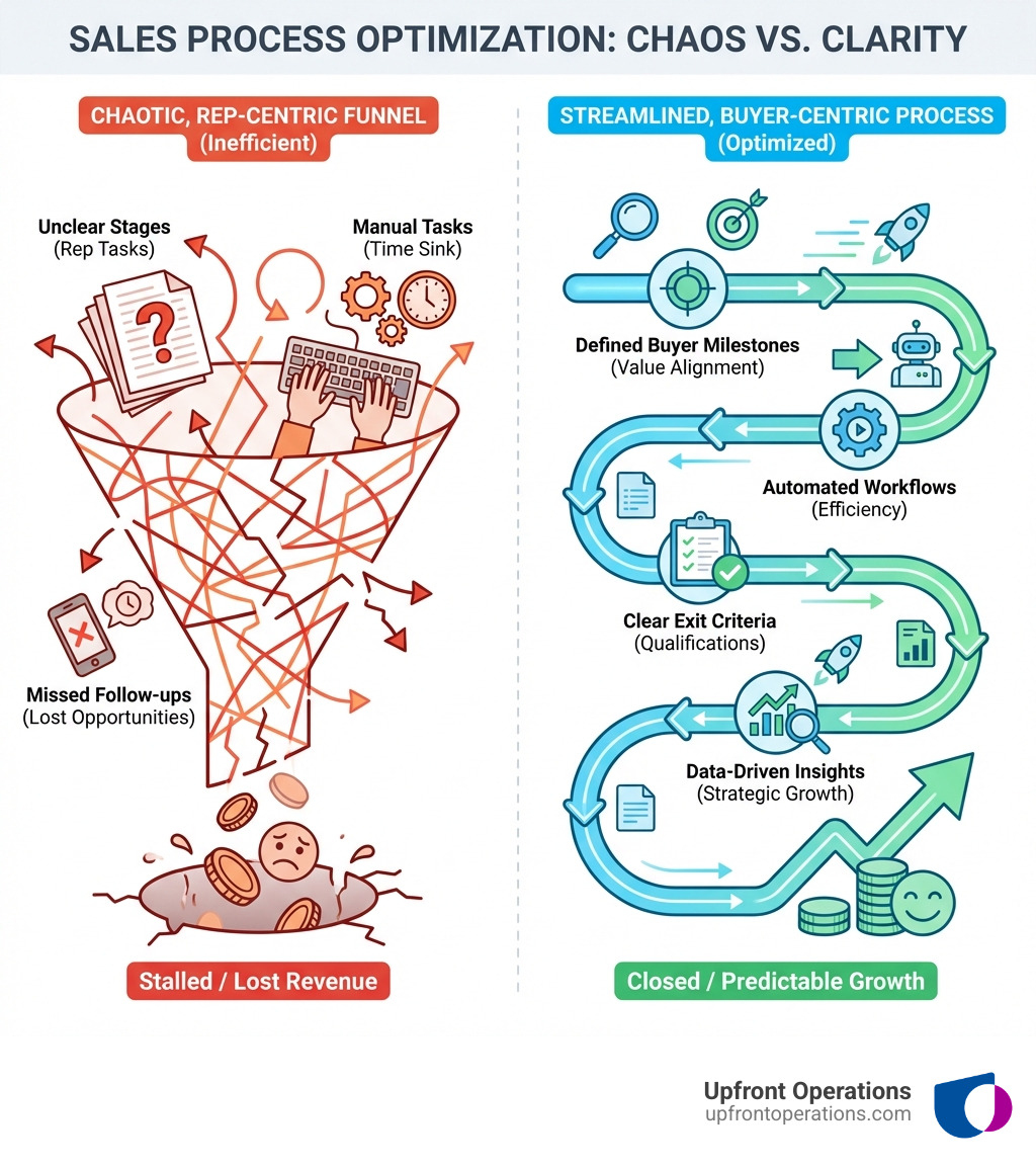 infographic showing a side-by-side comparison of a chaotic, rep-centric sales funnel with unclear stages, manual tasks, and missed follow-ups versus a streamlined, buyer-centric sales process with defined buyer milestones, automated workflows, clear exit criteria, and data-driven insights - Optimize sales processes infographic infographic showing a side-by-side comparison of a chaotic, rep-centric sales funnel with unclear stages, manual tasks, and missed follow-ups versus a streamlined, buyer-centric sales process with defined buyer milestones, automated workflows, clear exit criteria, and data-driven insights - Optimize sales processes infographic