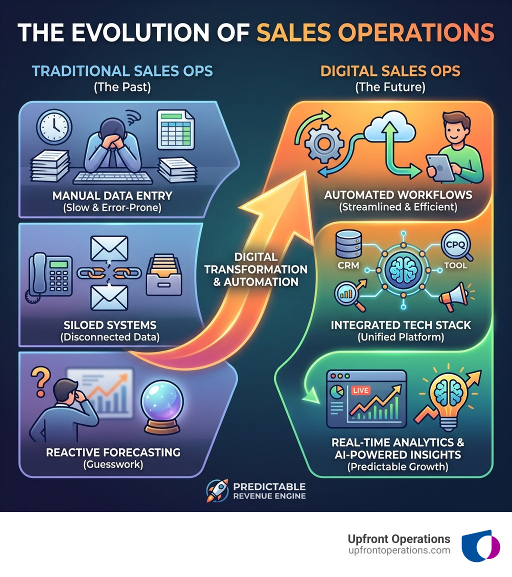 infographic showing the evolution from traditional sales operations with manual data entry, siloed systems, and reactive forecasting to digital sales operations with automated workflows, integrated tech stacks, real-time analytics, and AI-powered insights - Digital sales operations infographic infographic showing the evolution from traditional sales operations with manual data entry, siloed systems, and reactive forecasting to digital sales operations with automated workflows, integrated tech stacks, real-time analytics, and AI-powered insights - Digital sales operations infographic