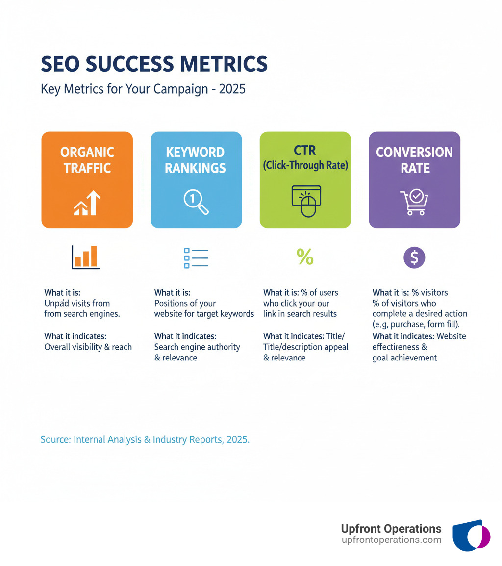 TABLE comparing key SEO metrics like Organic Traffic, Keyword Rankings, CTR, and Conversion Rate, explaining what each metric indicates - how to setup seo marketing campaign infographic 