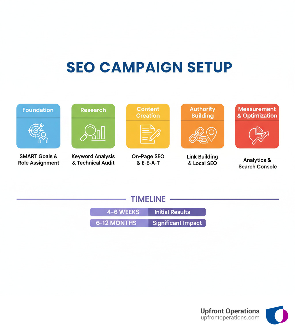 Infographic showing the 5 phases of setting up an SEO marketing campaign: Phase 1 - Foundation with SMART goals and role assignment, Phase 2 - Research through keyword analysis and technical audits, Phase 3 - Content creation with on-page optimization and E-E-A-T principles, Phase 4 - Authority building via link building and local SEO setup, Phase 5 - Measurement and optimization using Google Analytics and Search Console with typical timeline of 4-6 weeks for initial results and 6-12 months for significant impact - how to setup seo marketing campaign infographic 