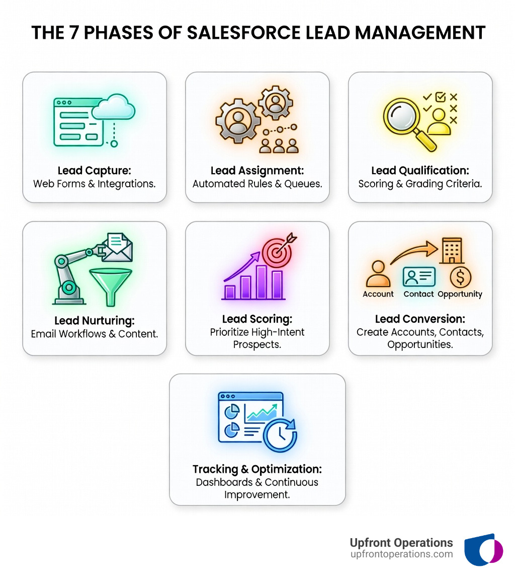 Infographic showing the 7 phases of lead management: Lead Capture through web forms and integrations, Lead Assignment using automated rules and queues, Lead Qualification with scoring and grading criteria, Lead Nurturing via email workflows and content, Lead Scoring to prioritize high-intent prospects, Lead Conversion creating Accounts Contacts and Opportunities, and Tracking and Optimization through dashboards and continuous improvement - salesforce lead management process infographic Infographic showing the 7 phases of lead management: Lead Capture through web forms and integrations, Lead Assignment using automated rules and queues, Lead Qualification with scoring and grading criteria, Lead Nurturing via email workflows and content, Lead Scoring to prioritize high-intent prospects, Lead Conversion creating Accounts Contacts and Opportunities, and Tracking and Optimization through dashboards and continuous improvement - salesforce lead management process infographic