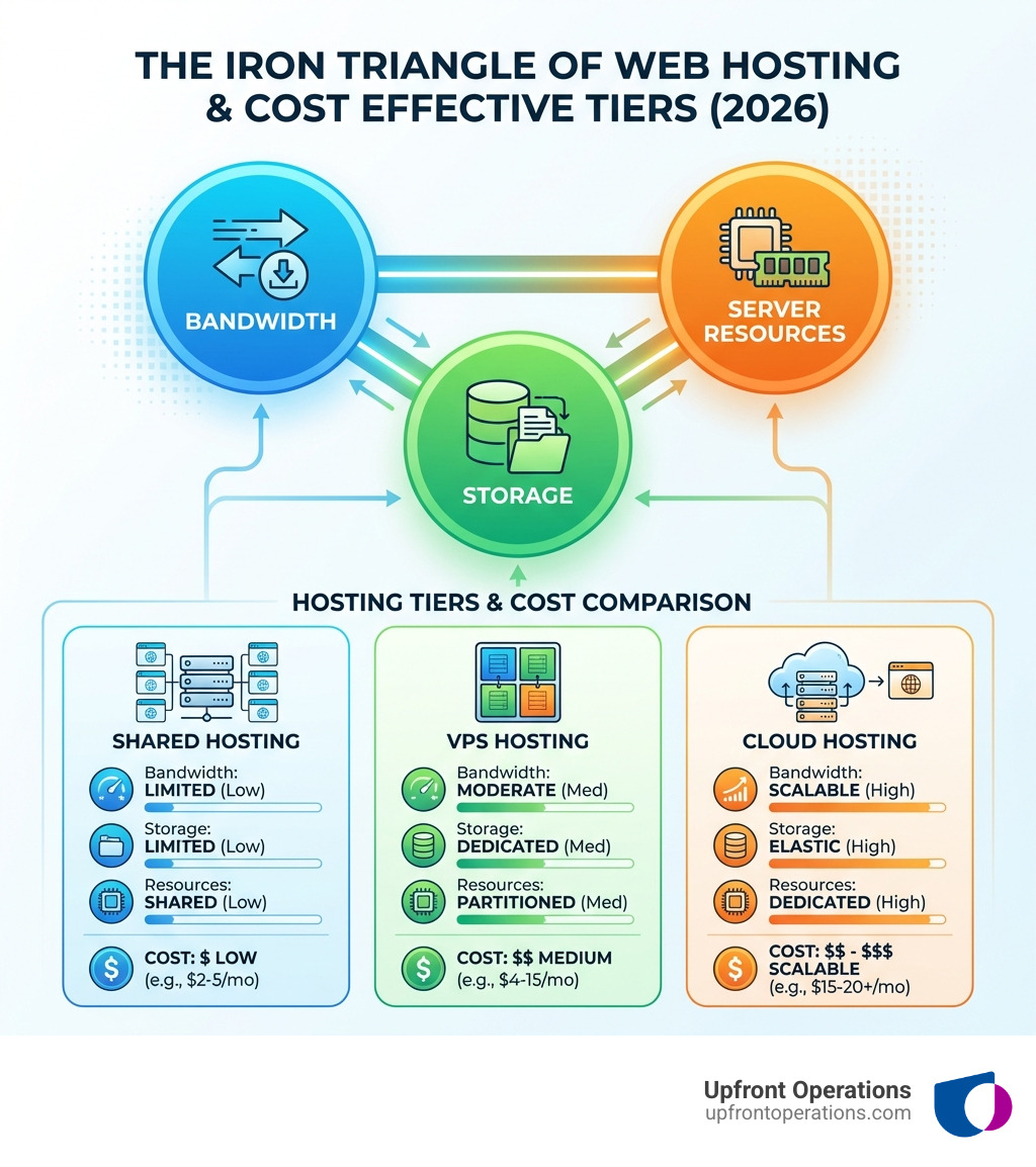 infographic showing the iron triangle of web hosting with three interconnected circles labeled bandwidth storage and server resources with cost comparisons between shared vps and cloud hosting tiers - cost effective website hosting infographic 
