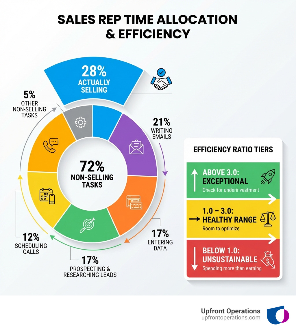 Infographic showing that sales reps spend only 28% of their time actually selling, with the remaining 72% broken down as: 21% writing emails, 17% entering data, 17% prospecting and researching leads, 12% scheduling calls, and 5% on other non-selling tasks — alongside a chart showing efficiency ratio tiers: below 1.0 is unsustainable, 1.0–3.0 is healthy, and above 3.0 is exceptional - sales team efficiency infographic 
