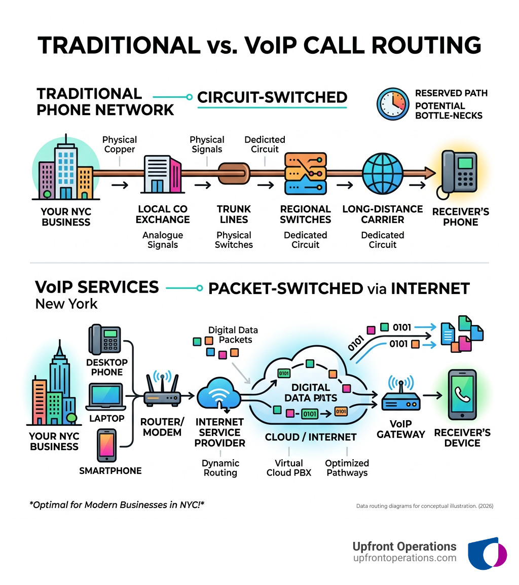 Infographic showing how VoIP routes calls over the internet compared to traditional phone lines - VoIP services New York