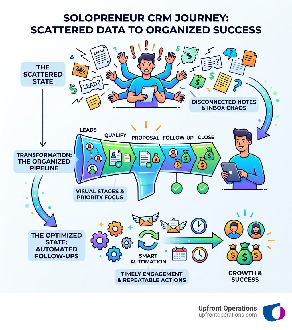 Solopreneur CRM journey from scattered data to organized pipeline and automated follow-ups - CRM for solopreneurs