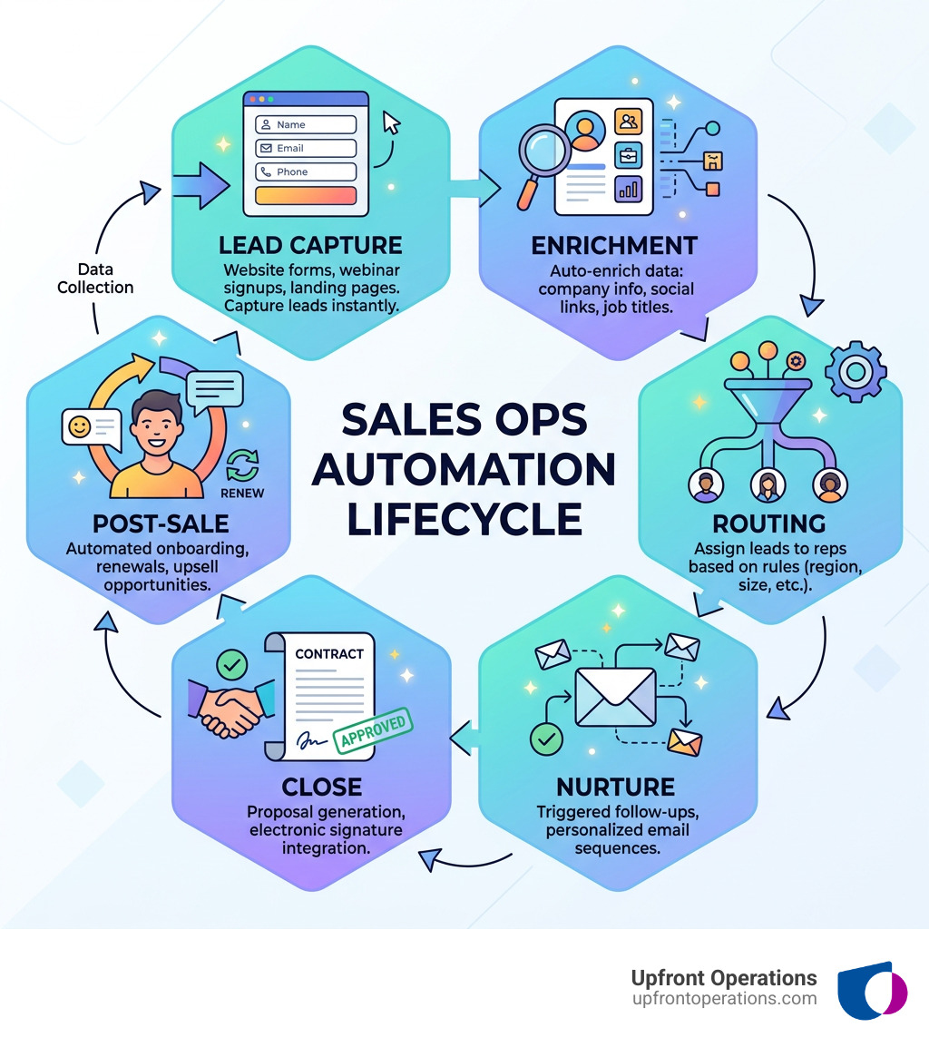 Sales ops automation lifecycle: lead capture, enrichment, routing, nurture, close, and post-sale - Sales ops automation