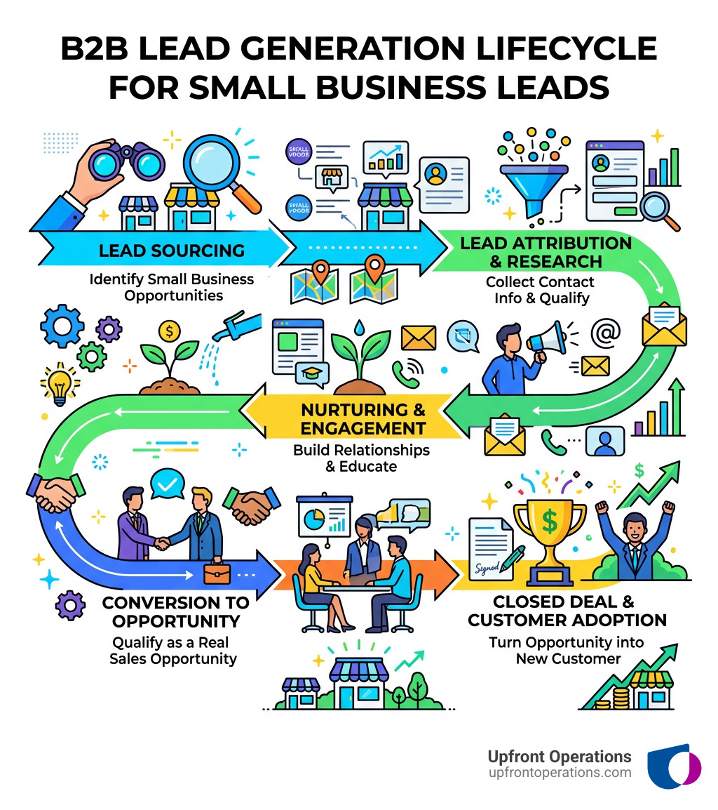 B2B lead generation lifecycle infographic showing stages from sourcing to conversion - small business leads infographic 