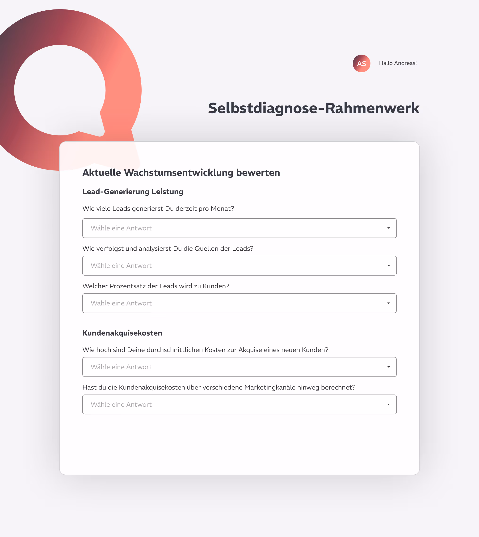 Fragebogen mit verschiedenen Fragen zur Selbstdiagnose zum Beispiel zur aktuellen Lead-Generierungsleistung 