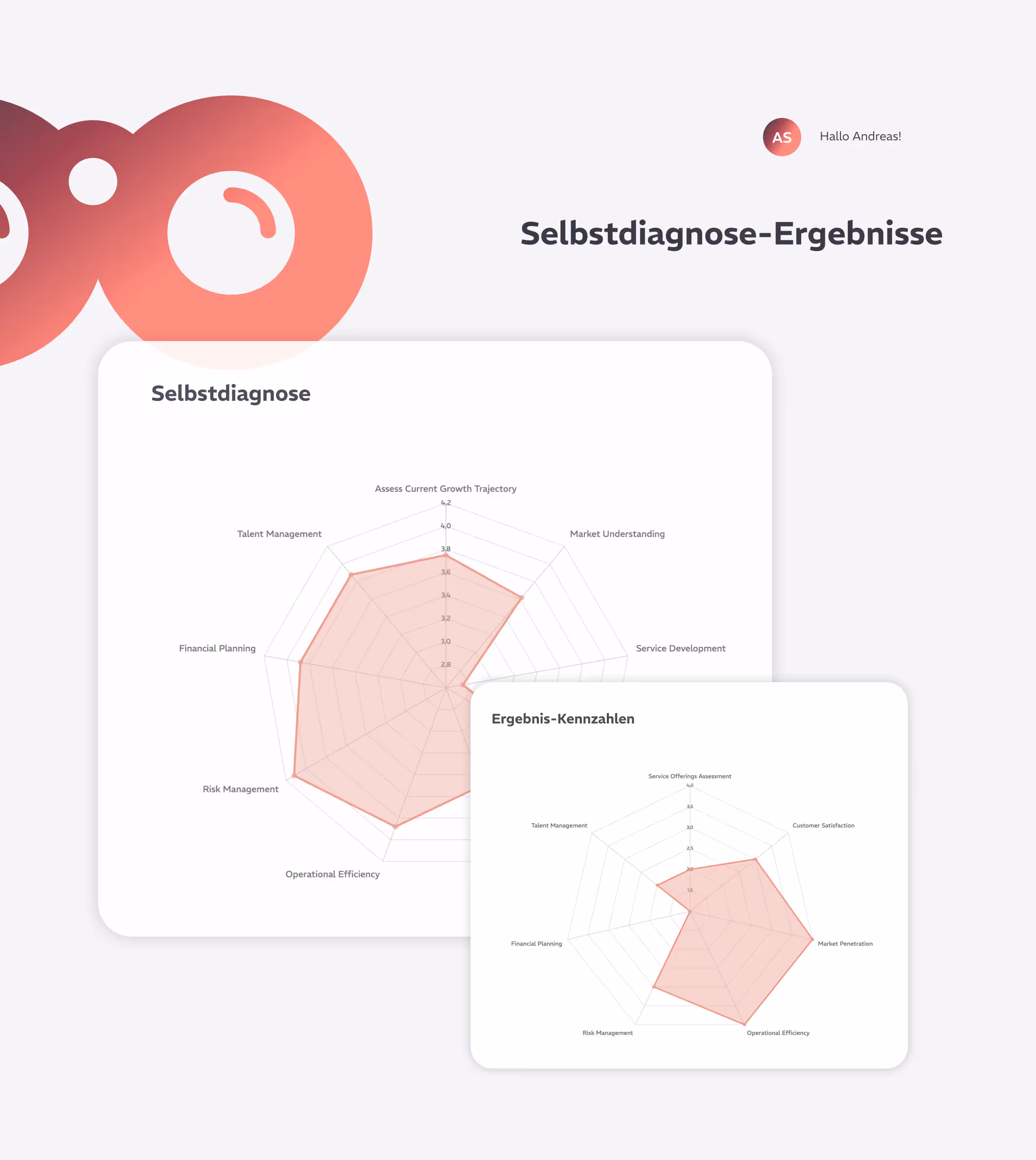 Darstellung der Selbstdiagnose Ergebnisse in einem Radar Diagramm mit verschiedenen Bewertungsdimensionen 