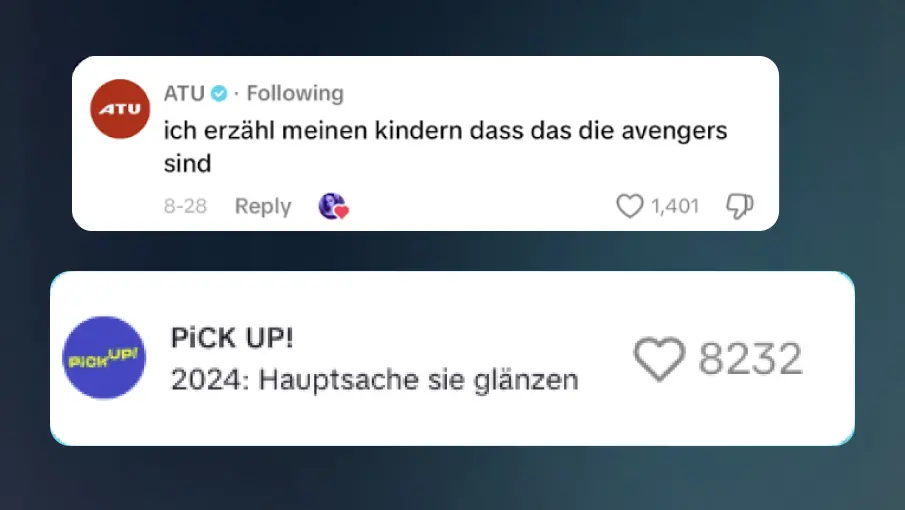 Zwei Social-Media-Kommentare auf Deutsch, der erste von ATU mit dem Text, dass jemand seinen Kindern erzählt, dass es die Avengers sind, der zweite von PiCK UP! mit dem Text: '2024: Hauptsache sie glänzen' und '8232' Likes.