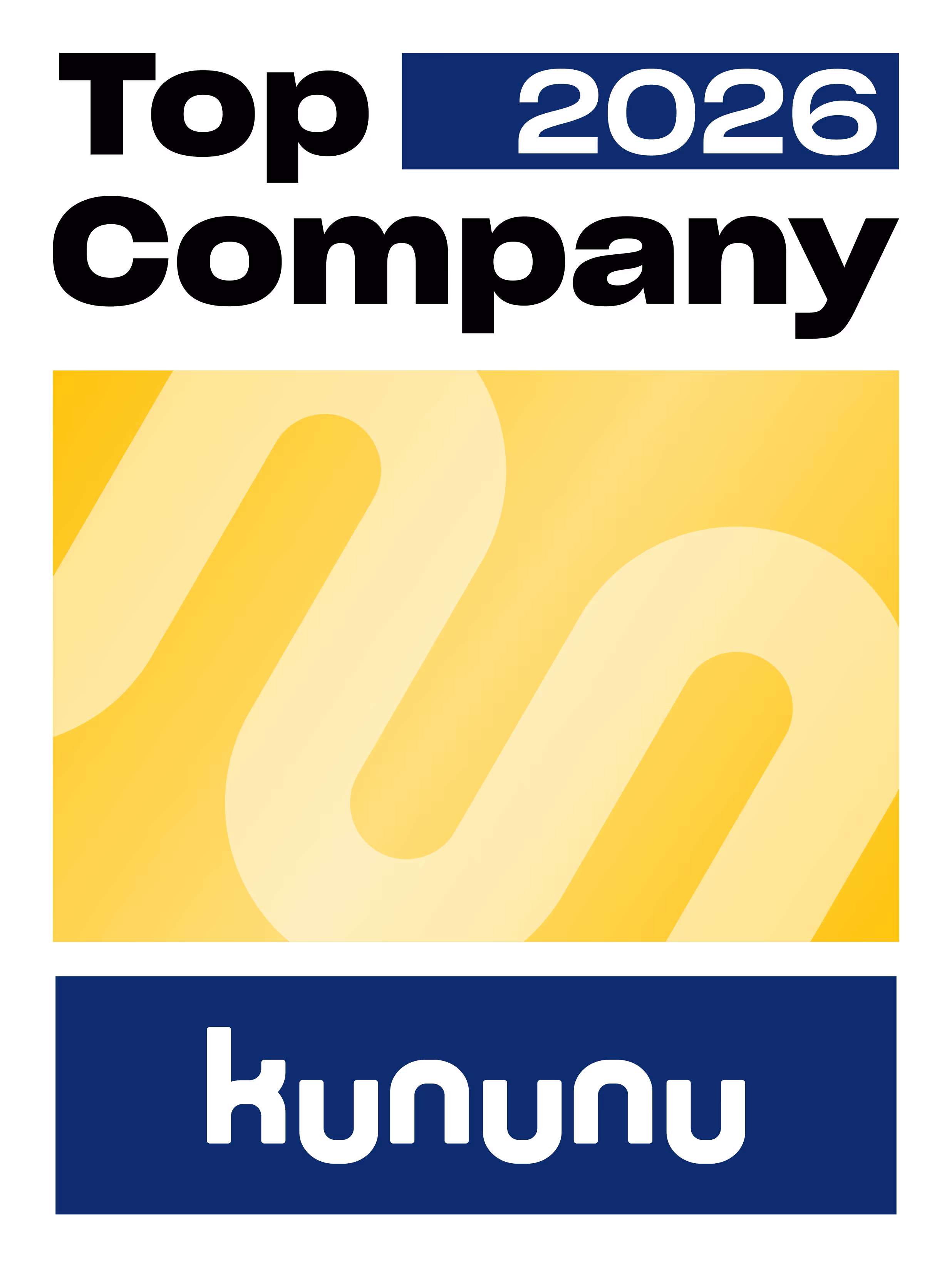 Top Company 2026 Auszeichnung von Kununu mit gelbem Muster und blauem Schriftzug.