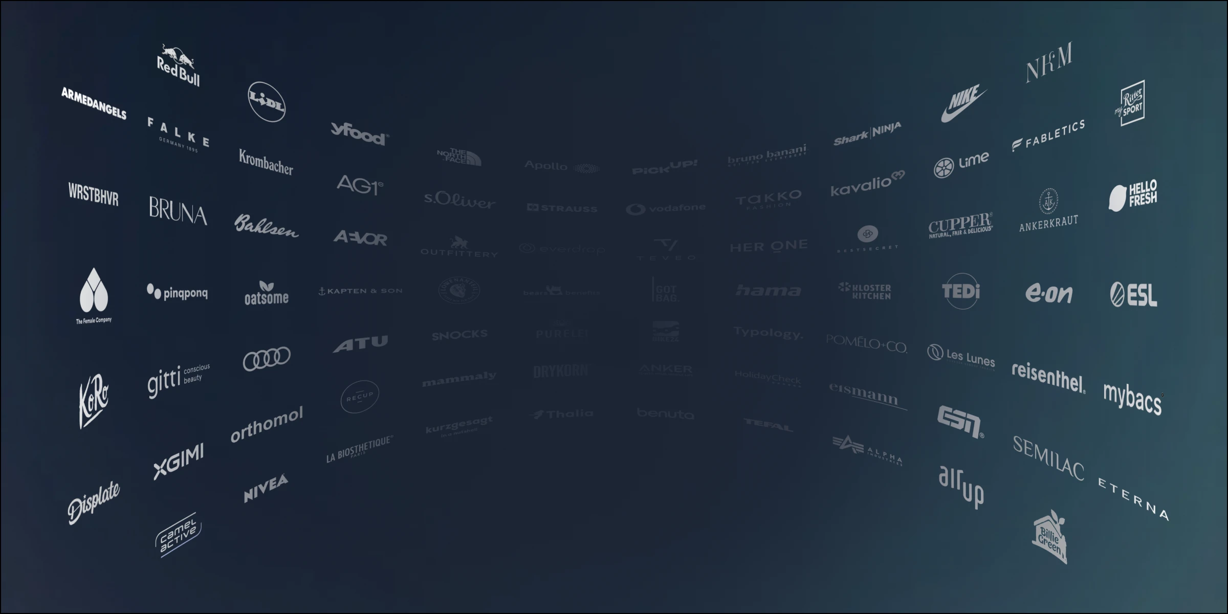 Viele verschiedene Markenlogos auf dunklem Hintergrund, darunter Red Bull, Lidl, Nike, Hello Fresh und mehr.