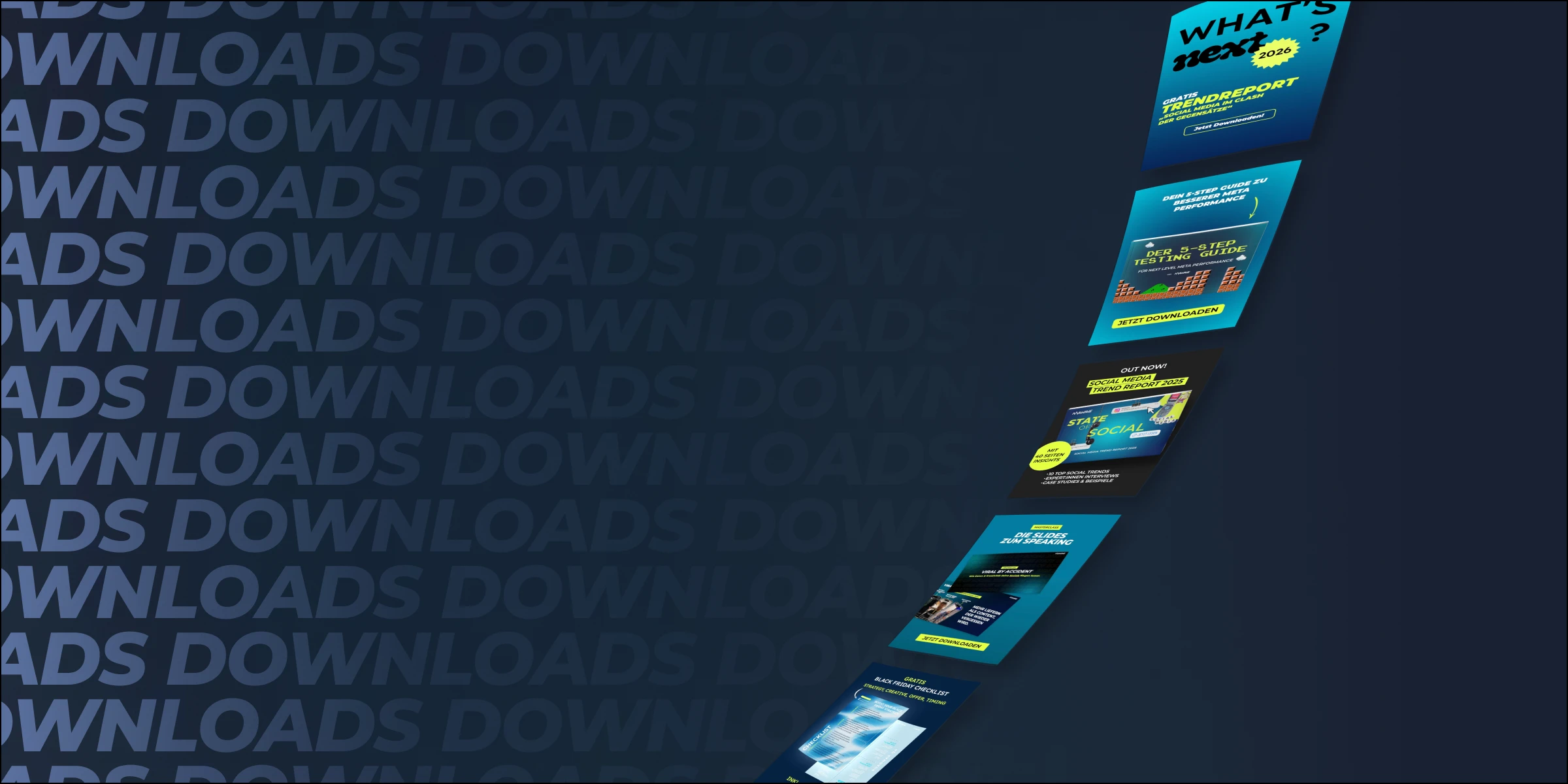 Dunkelblaue Grafik mit mehrfach wiederholtem Wort 'DOWNLOADS' im Hintergrund und einer schräg angeordneten Reihe von fünf bunten Download-Buttons für verschiedene Berichte und Guides.