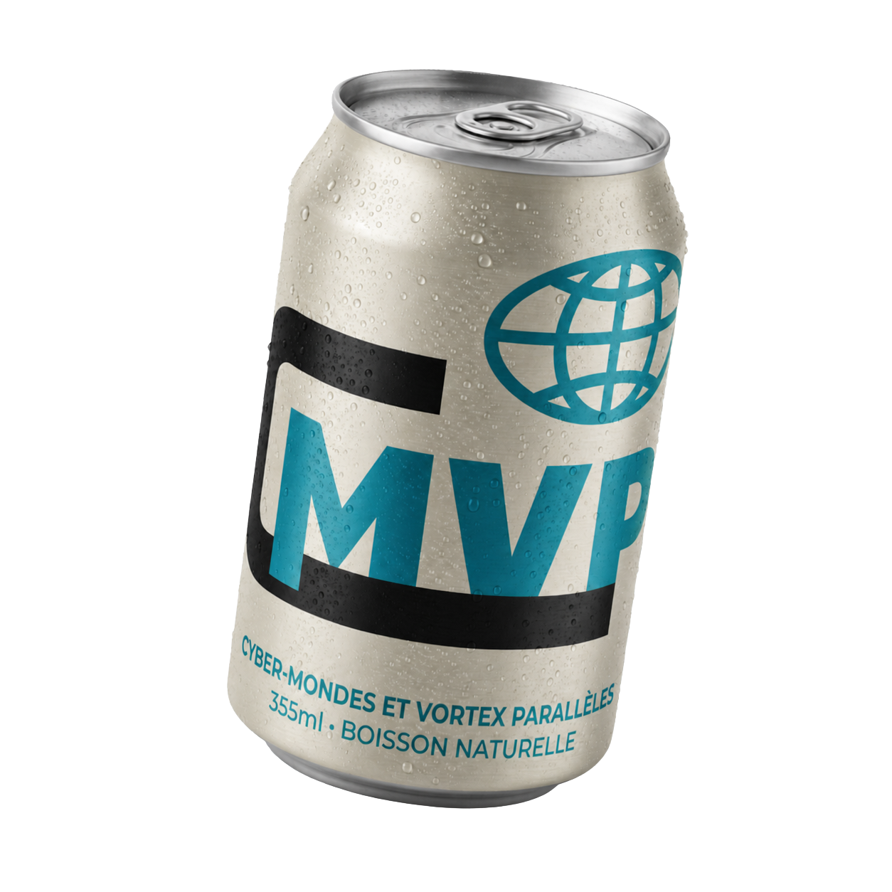 Canette avec le logo CMVP, avec le texte "Cyber-mondes et vortex parallèles, 355ml, boisson naturelle"
