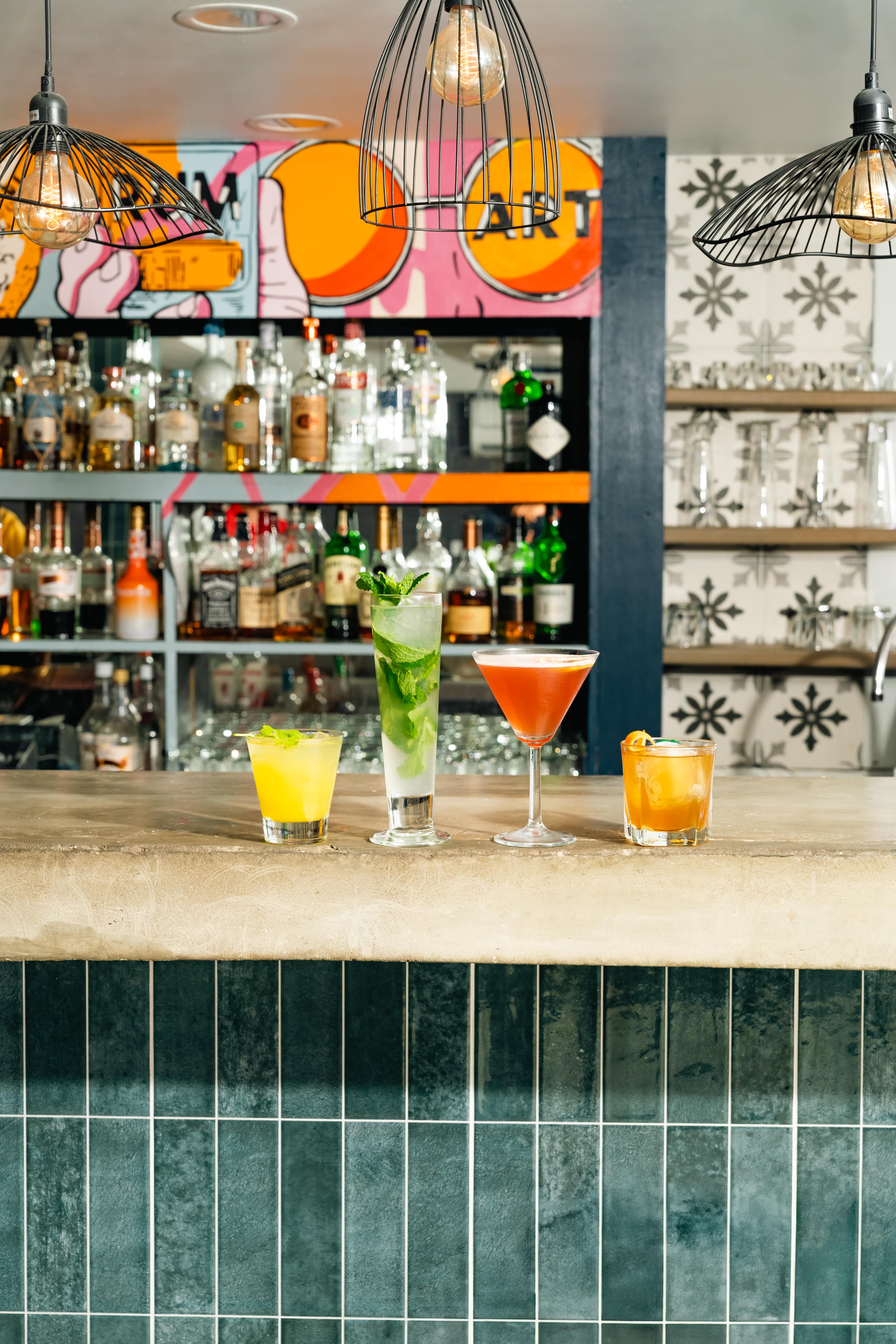 row of drinks on bar top