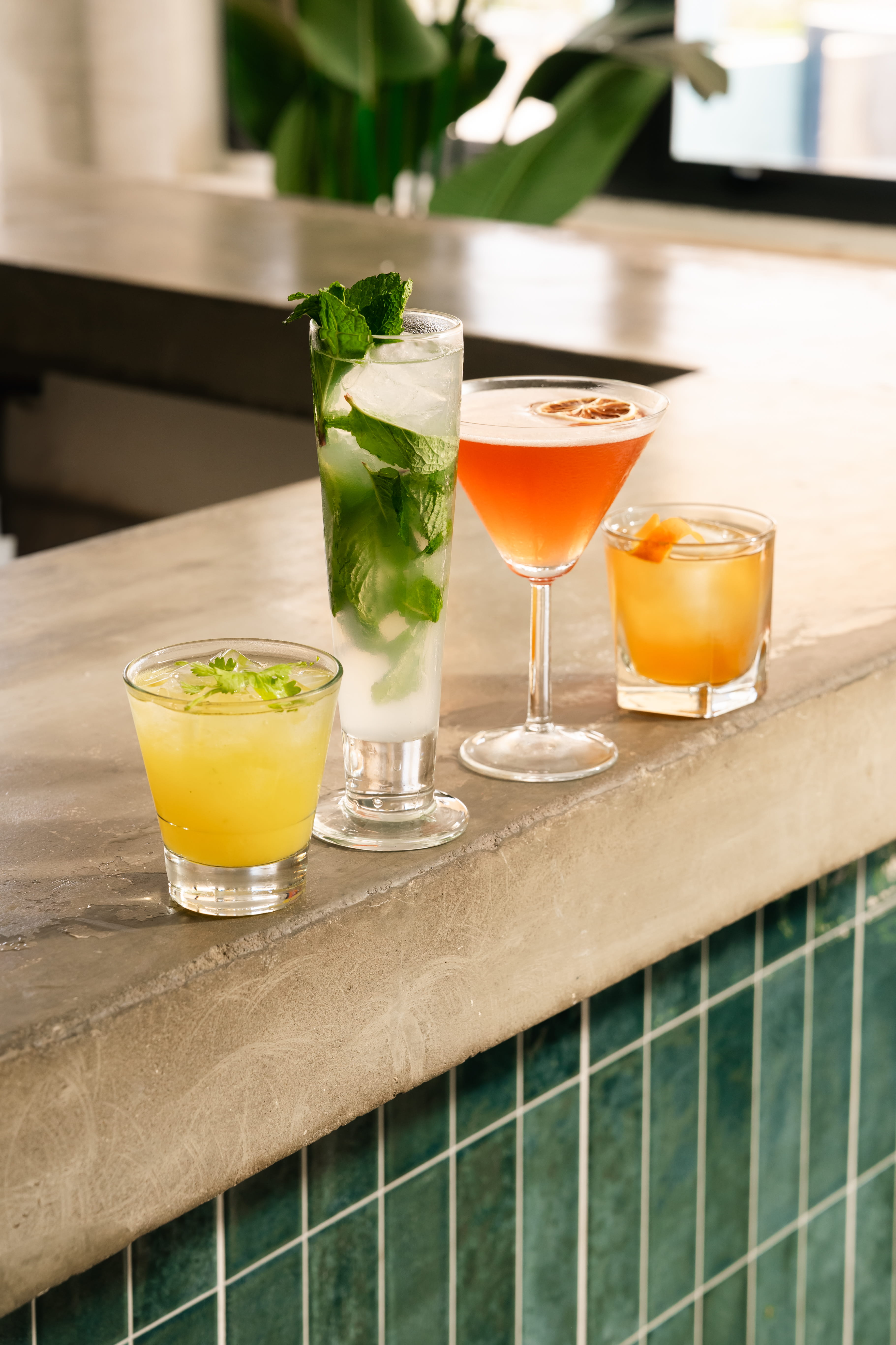 row of cocktails on bar top