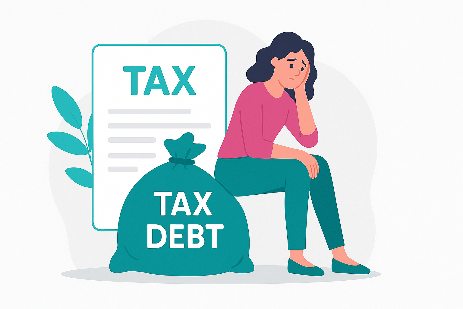Illustration of a worried woman sitting next to a large bag labeled 'TAX DEBT' and a document titled 'TAX'.