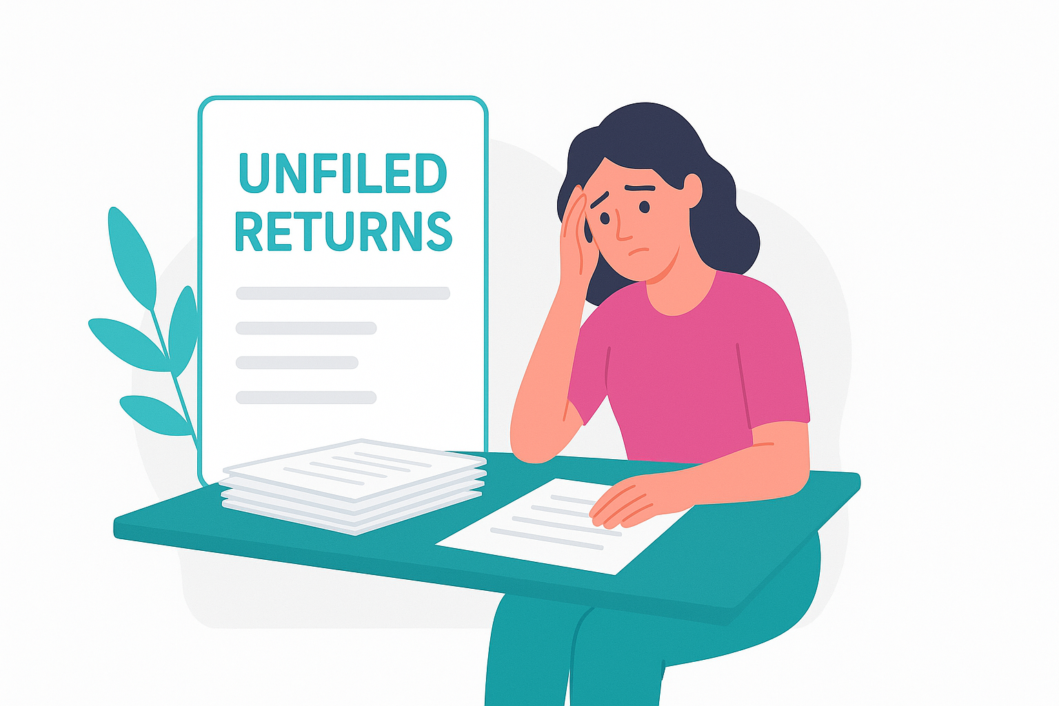 A worried woman sitting at a table with a stack of papers and a document labeled 'Unfiled Returns' behind her.